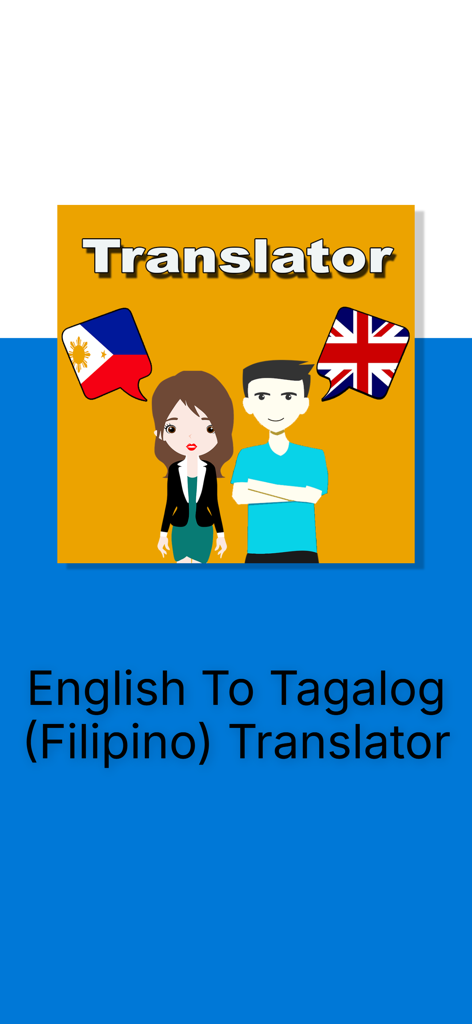 English To Tagalog Translation - English to Tagalog Filipino Translator app splash screen with flags and characters