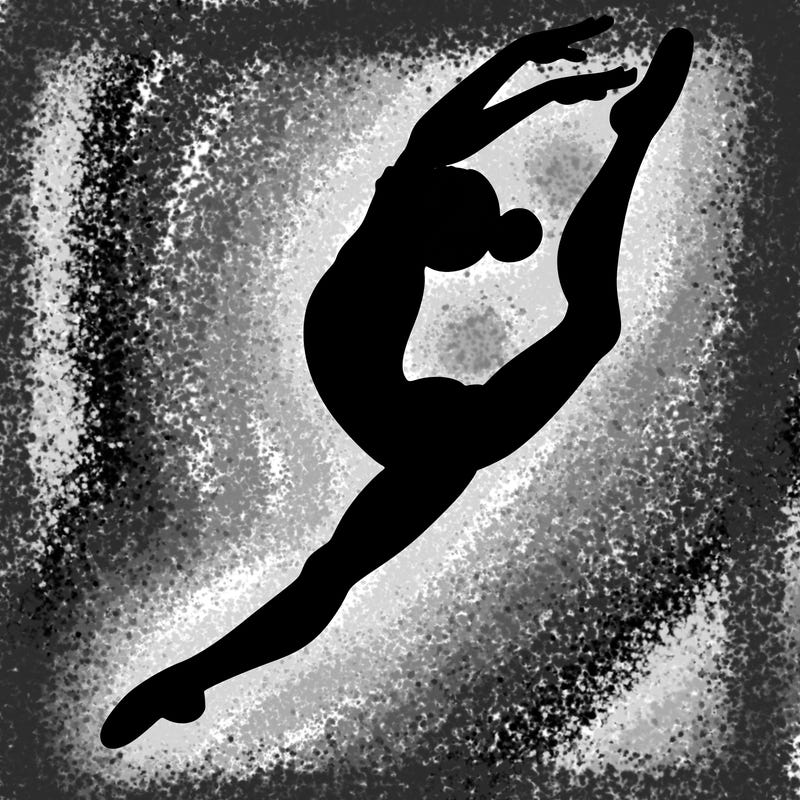 gymnast doing a leap in a leotard with a bent back leg