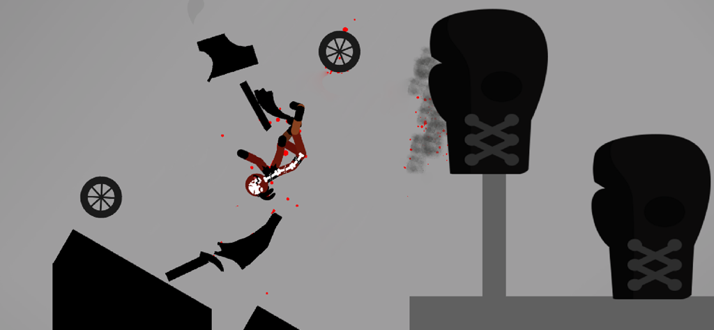 날아가는 파편과 붉은 튀김 효과와 함께 충돌하는 차량에서 튕겨 나가는 래그돌 캐릭터