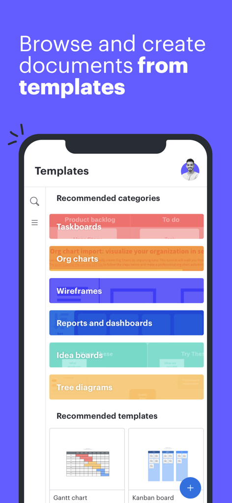 Lucidchart - Lucidchart-Mobile-App-Bildschirm mit professionellen Diagrammvorlagen für Aufgabenboards, Organigramme und Wireframes