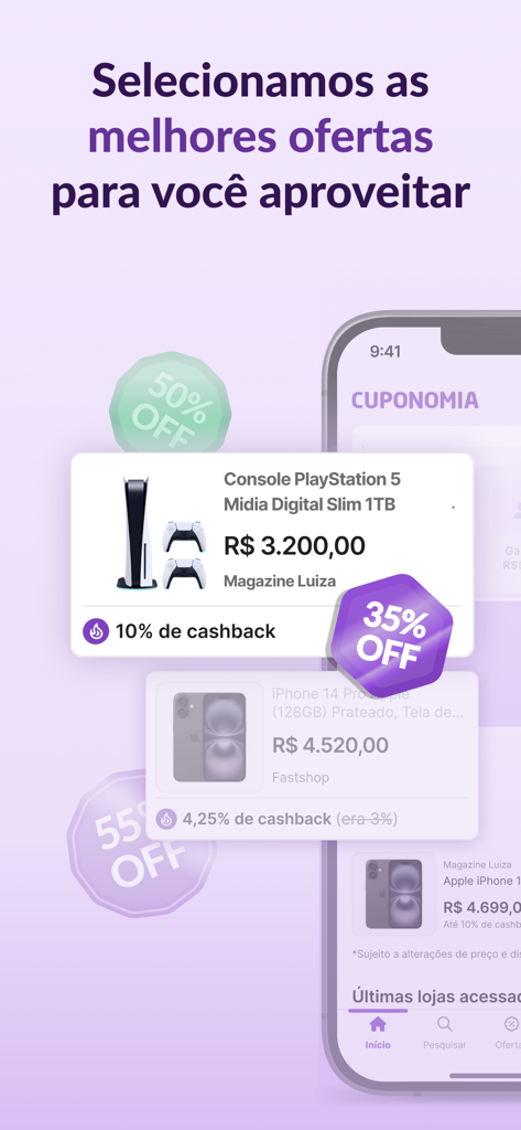 Cuponomia: Cupons e Cashback - Cuponomia mobile app interface showing cashback deals for PlayStation and iPhone with discount stickers