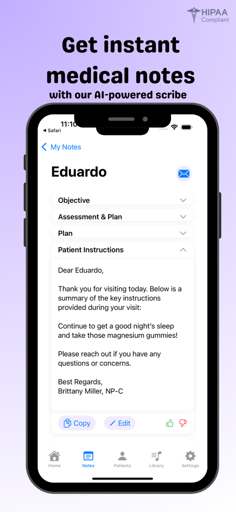 AI Clinician Scribe: Rounds AI - Rounds AI mobile app interface showing automated medical notes and patient instructions.