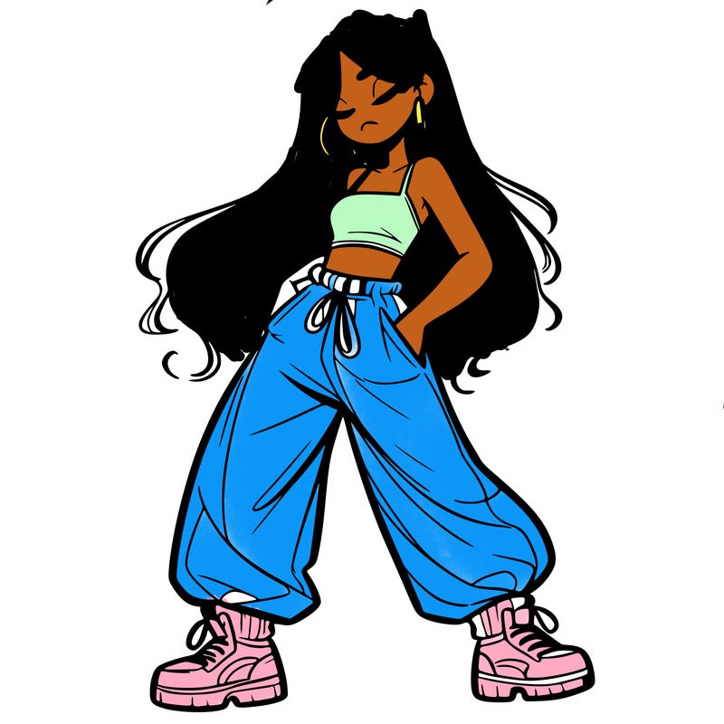 girl in baggy pants crop top and long hair