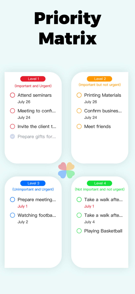 To Do List & Calendar TodoTick - TodoTick Prioritätenmatrix-Oberfläche, die Aufgaben nach Wichtigkeit und Dringlichkeit sortiert