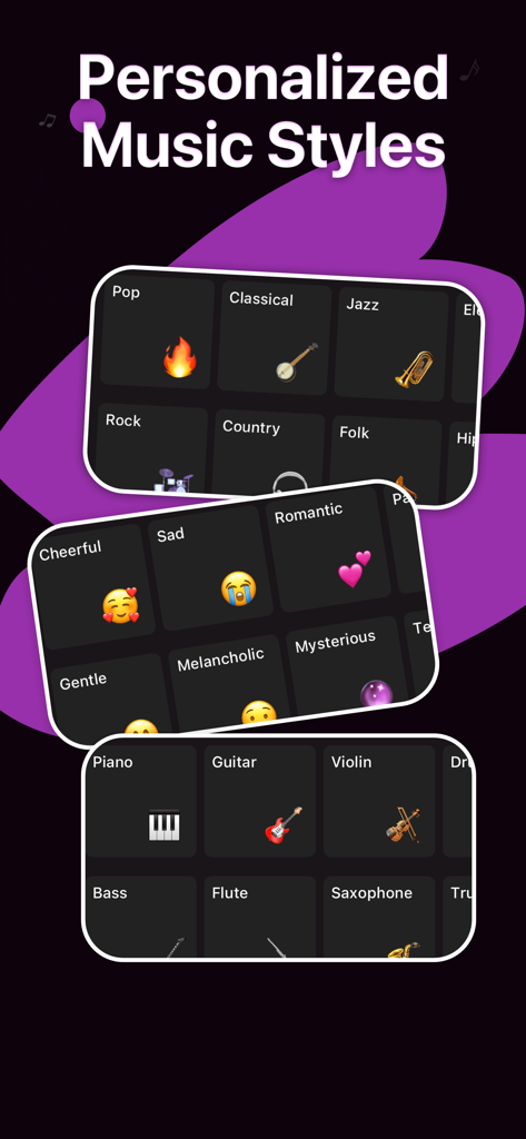 Interface of the Waazy app showing personalized music styles including various genres, moods, and musical instruments