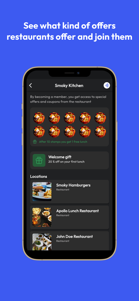 Digital loyalty stamp card and welcome offer for a local restaurant on the Fides app