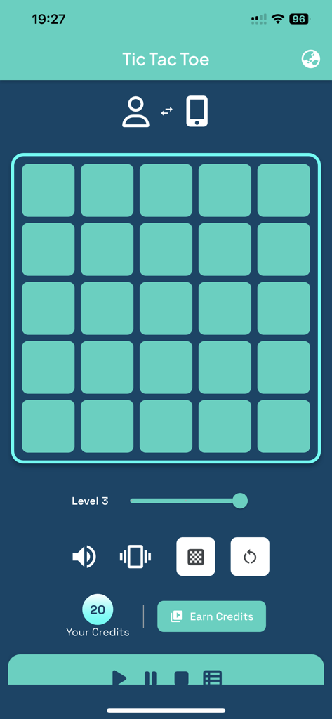 Tic Tac Toe Relaxing - A minimalist 5x5 Tic Tac Toe grid interface with a teal and dark blue design showing game settings and music controls