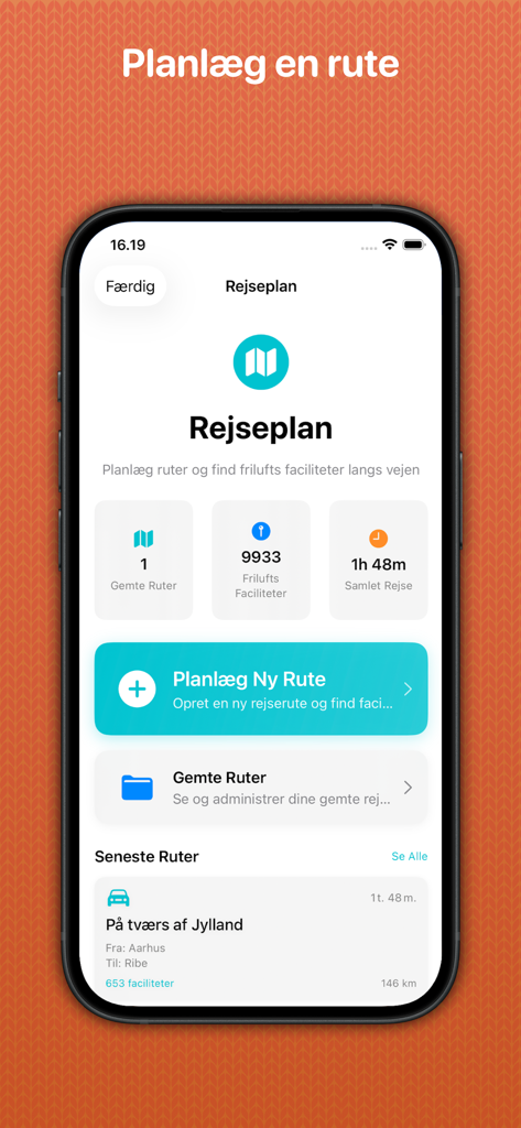 Outdoor Facilities in Denmark - 덴마크에서 야외 경로를 계획하고 시설을 찾기 위한 모바일 앱 인터페이스