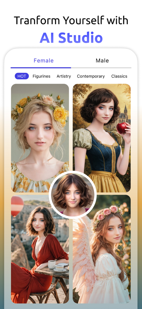 KI-Studio-Oberfläche in YouCam AI Pro, die ein Foto einer Frau zeigt, das in verschiedene Stile umgewandelt wurde, darunter florale, klassische und engelhafte Themen.