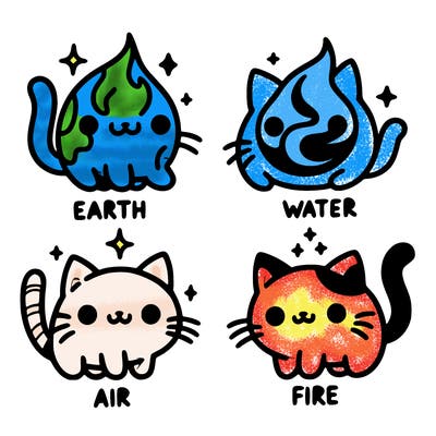 4 cats that represent the different elements, earth, water, air, and fire