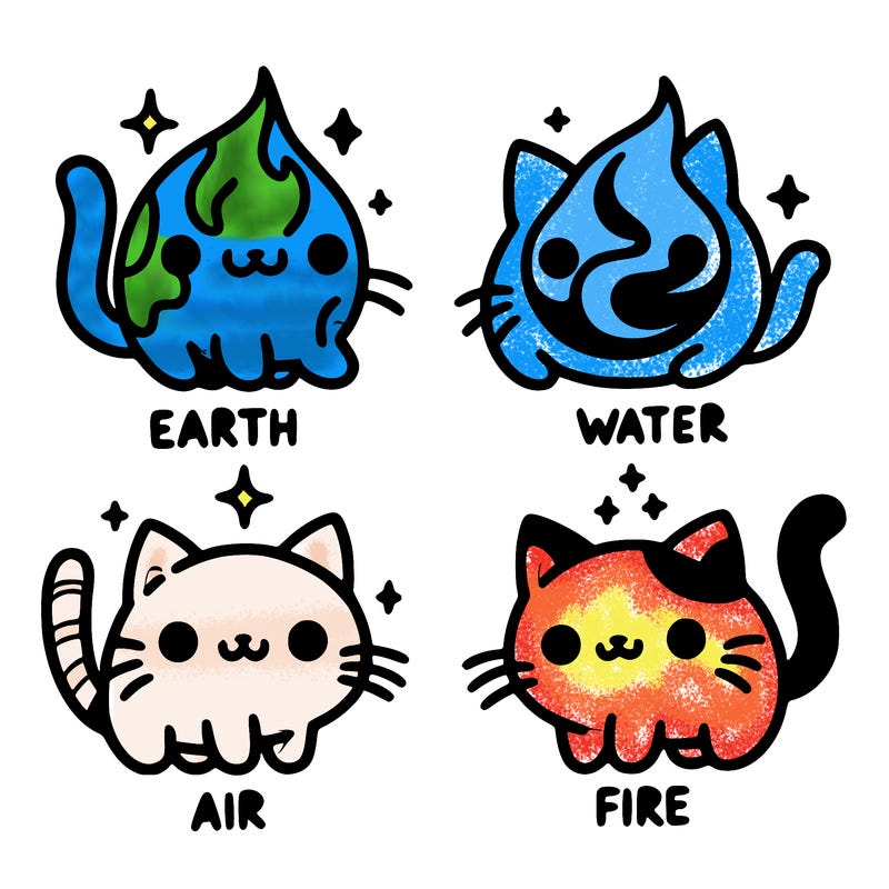 4 cats that represent the different elements, earth, water, air, and fire
