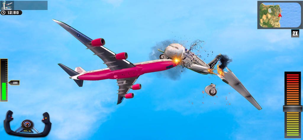 연기와 파편이 있는 비행 시뮬레이션 게임에서 공중에서 충돌하는 두 대의 항공기