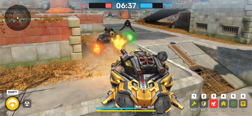 Um tanque dourado engajado em uma batalha PvP 3D em Tanki Online