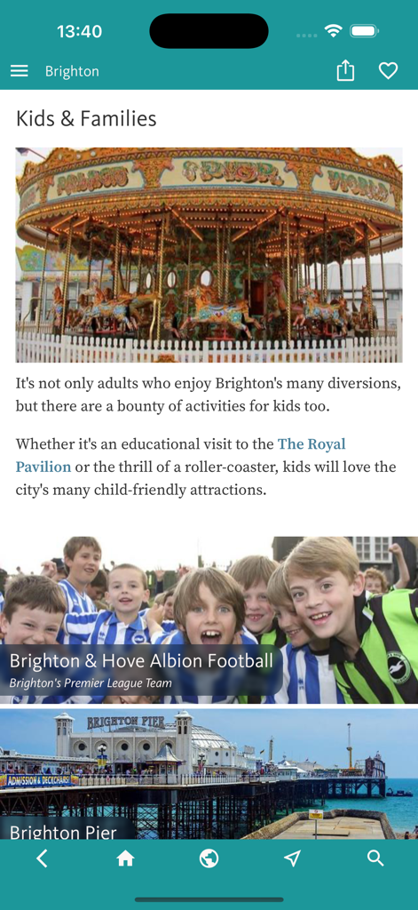 Screenshot des Abschnitts Kinder und Familien in der Brighton Reiseführer-App mit einer Karussellansicht und dem Brighton Pier