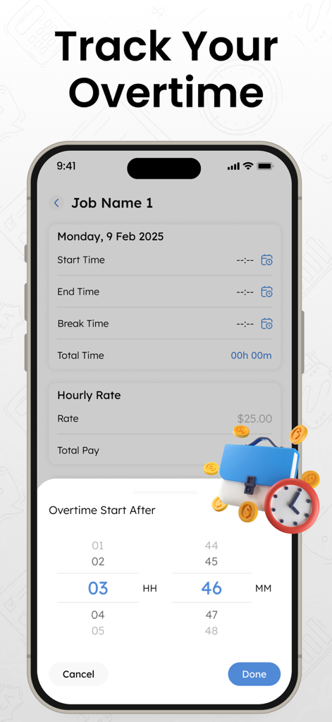 Uma interface móvel para rastrear horas extras e definir horários de início no aplicativo Rastreador de Horas de Trabalho