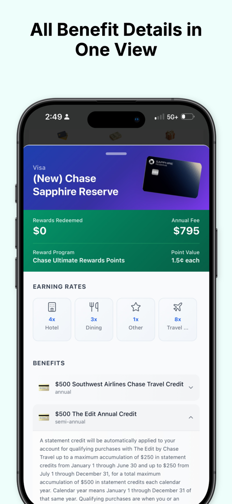 MaxWorth: AI Credit Card Tool - Pantalla de la aplicación MaxWorth que muestra las tasas de obtención y los detalles de los beneficios de la tarjeta de crédito Chase Sapphire Reserve.