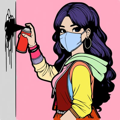 realistic girl with mask spray painting a wall