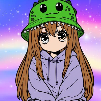 girl with anime shaped eyes with a dinosaur bucket hat oversized sweatshirt long straight hair