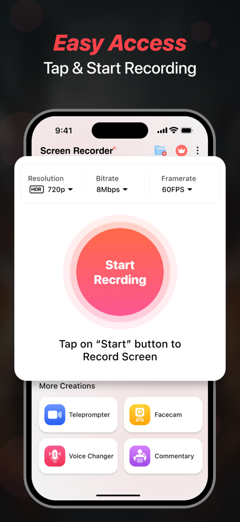 Pantalla de iPhone mostrando la aplicación Grabadora de Pantalla con un botón central de Iniciar Grabación y ajustes de calidad de video