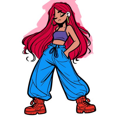 girl in baggy pants crop top and long hair