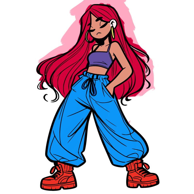 girl in baggy pants crop top and long hair