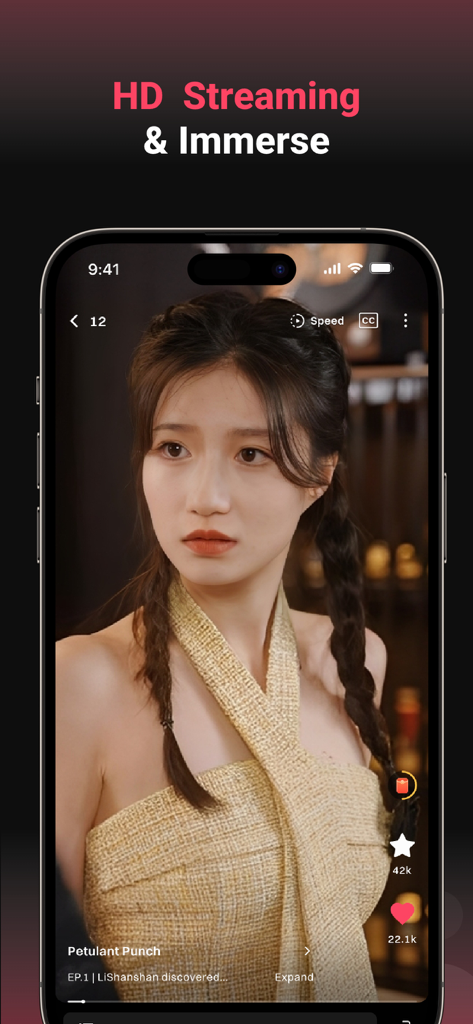 MinuteDrama - Short Drama - Interfaz de la aplicación MinuteDrama mostrando un cortometraje vertical de alta definición en un iPhone.