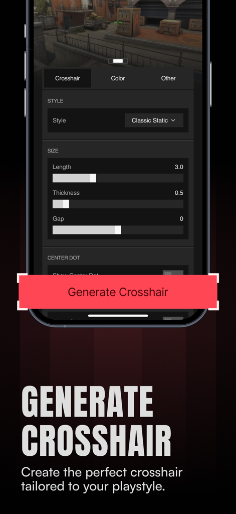Crosshair X: Custom Aim v2 - Interfaz de la aplicación Crosshair X que muestra la configuración de personalización de una mira de juego, incluidos los deslizadores de longitud, grosor y estilo