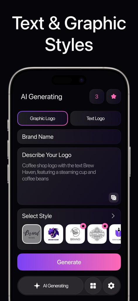 AI Logo - Generator & Maker - AI Logo Generator app interface showing options for graphic and text logo styles with a text prompt for a coffee shop