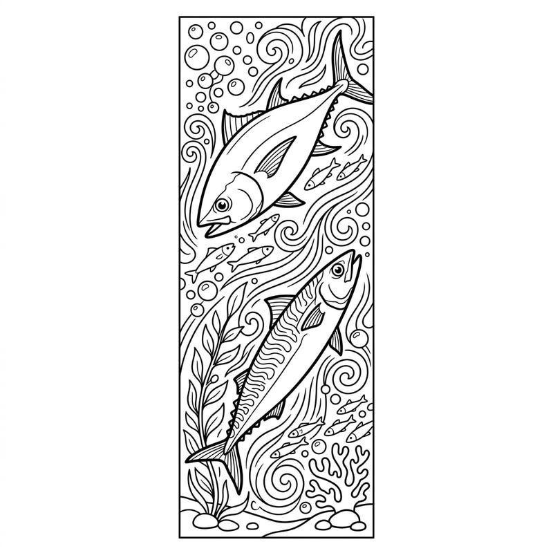 Bring the dynamic world of the ocean to life with this captivating Tuna and Mackerel bookmark coloring page. Perfectly designed to mark your next aquatic read, it offers a relaxing creative escape.