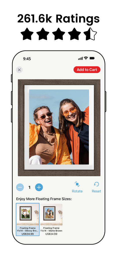 Schermata di un'app mobile che mostra l'anteprima di una foto in una cornice flottante marrone con opzioni per aggiungere al carrello e selezionare diversi stili di cornice