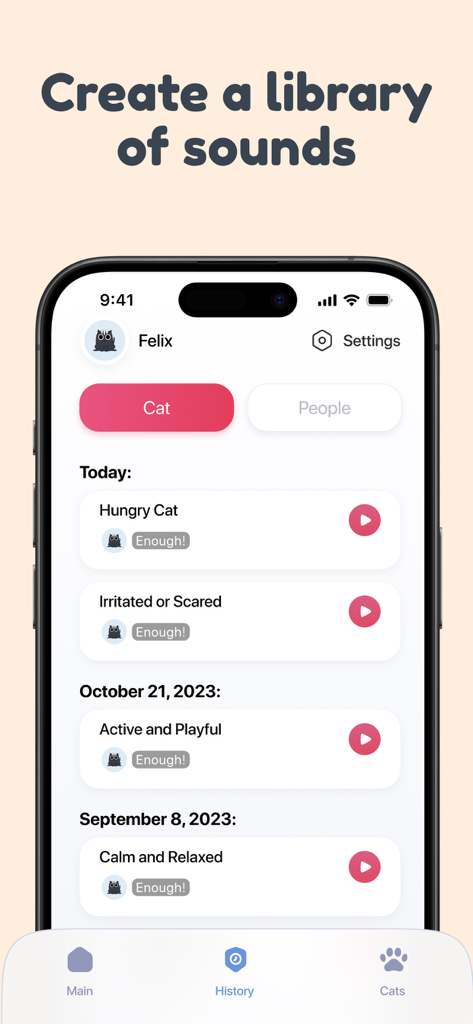A mobile screen showing a history of recorded cat sounds categorized by mood like hungry or playful