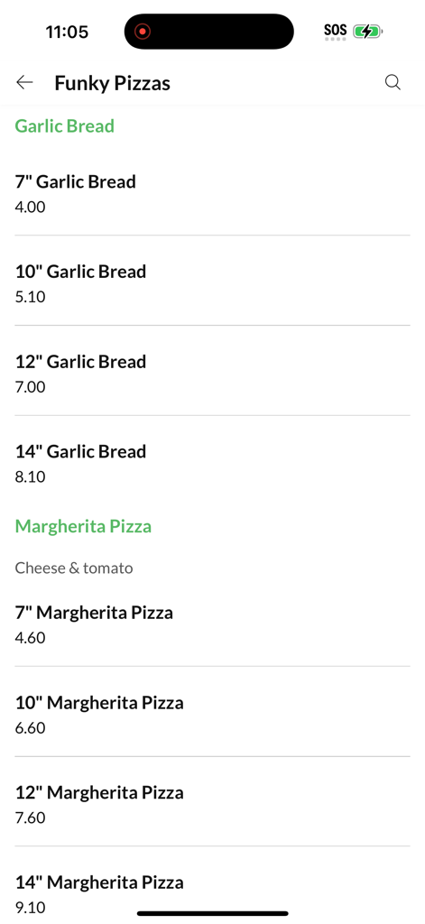 Funky Chicken Meir - Menu screen of the Funky Chicken Meir app showing garlic bread and margherita pizza options with prices