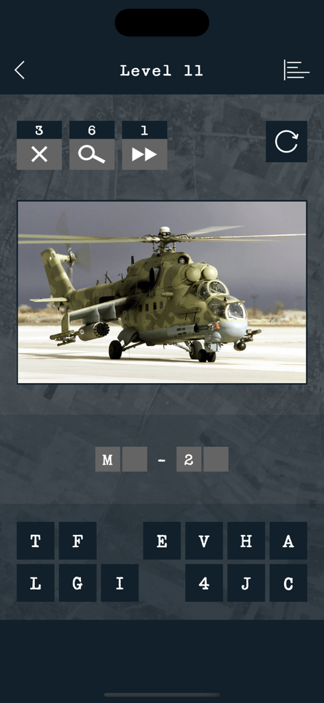 Trivia game level with a photo of a military helicopter