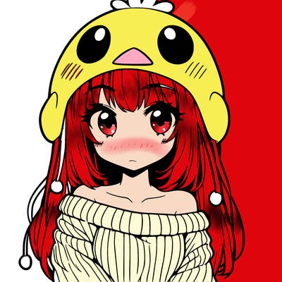 anime girl with chick shaped hat with sweater with bare shoulders with bangs covering them one eye with low tail