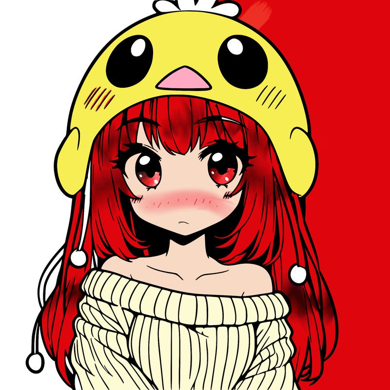 anime girl with chick shaped hat with sweater with bare shoulders with bangs covering them one eye with low tail
