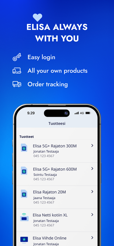 OmaElisa - Captura de pantalla de la aplicación móvil OmaElisa que muestra una lista de productos de suscripción gestionados y funciones de servicio.