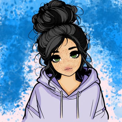 realistic girl with a massy bun and a hoodie