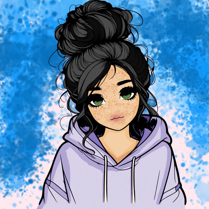 realistic girl with a massy bun and a hoodie