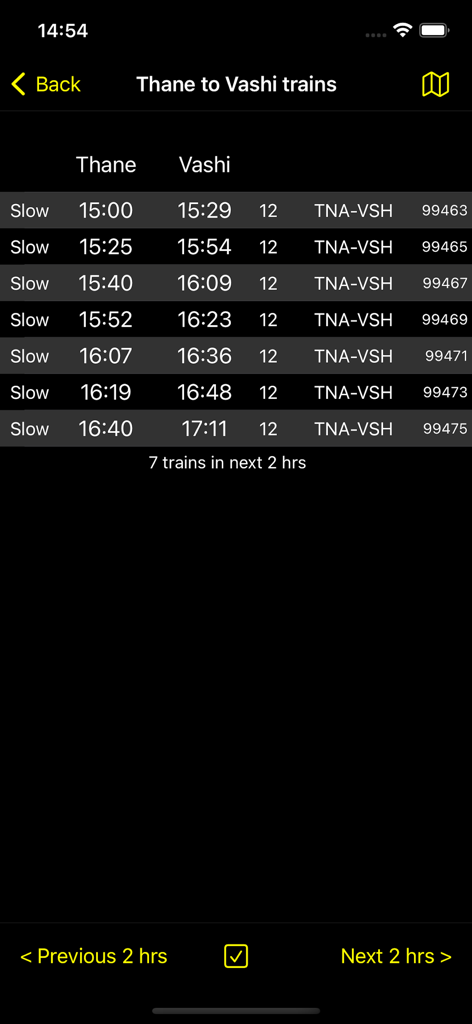 Mumbai Local Train Timetable - A list of local train schedules from Thane to Vashi on the Mumbai Local Train Timetable mobile app interface.