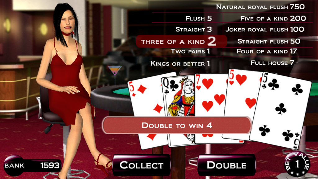 Joker Poker Deluxe - Joker Poker Deluxe mobile game screen showing a three of a kind winning hand and a female dealer avatar