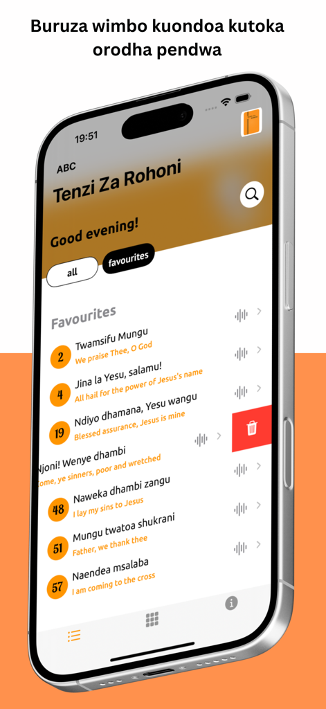 Tenzi Za Rohoni - A screen of the Tenzi Za Rohoni app showing favorite Swahili hymns with a swipe to delete feature.