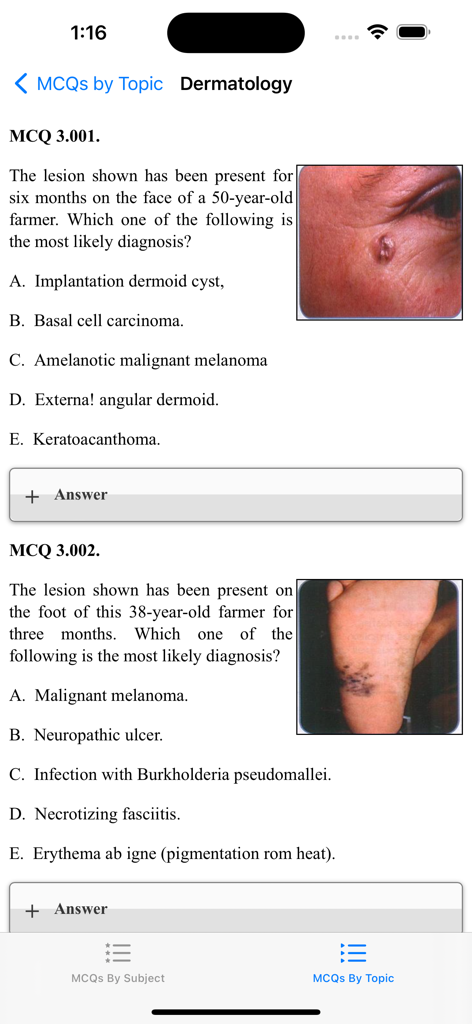 AMC Question Bank - Interface of the AMC Question Bank app showing dermatology multiple choice questions with diagnostic images