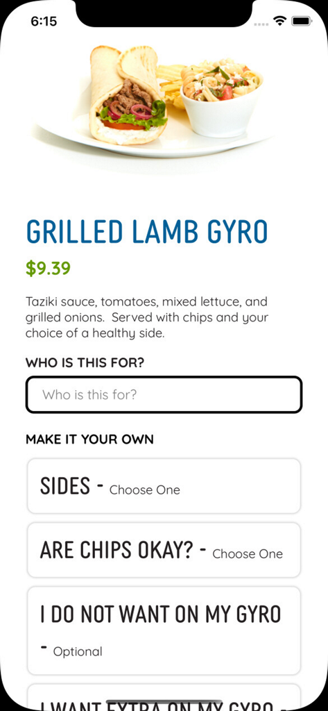 Pagina del menu dei gyro di agnello alla griglia sull'app mobile Taziki's Cafe che mostra le opzioni di personalizzazione del pasto.