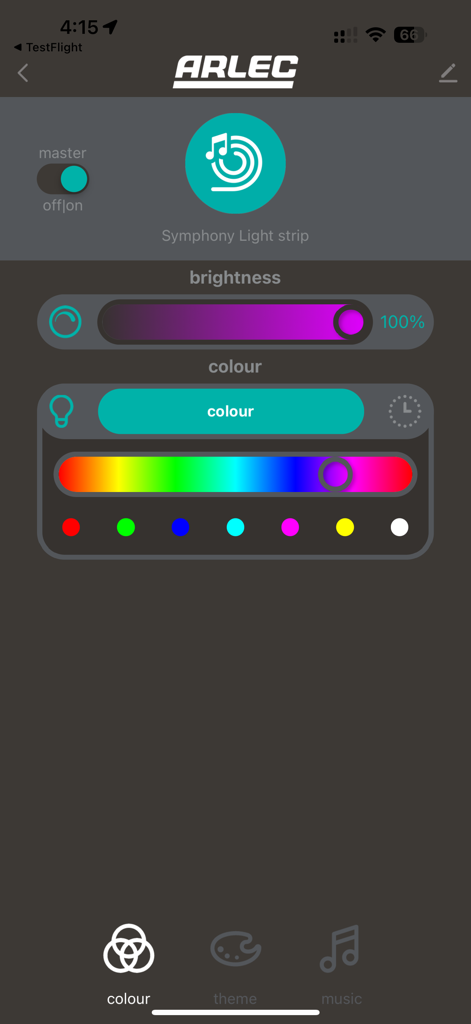 Grid Connect app interface for adjusting smart light strip brightness and color settings