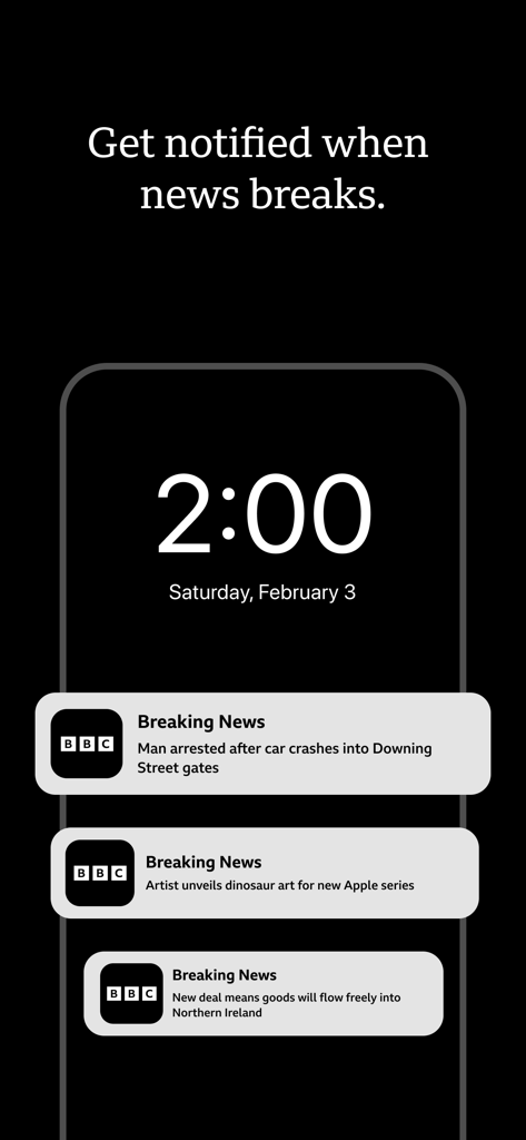 モバイル電話のロック画面に表示されるBBCニュースアプリの速報アラート。