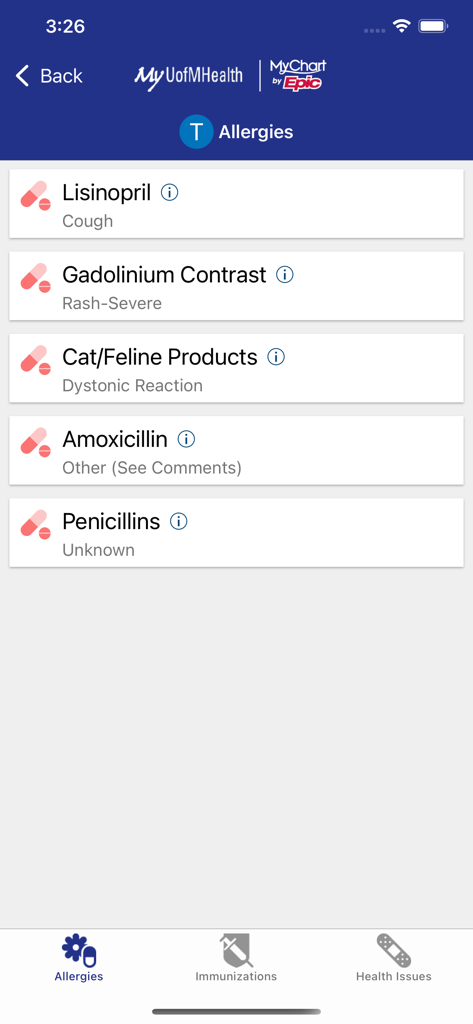 Medical allergies list screen in the MyUofMHealth patient portal app