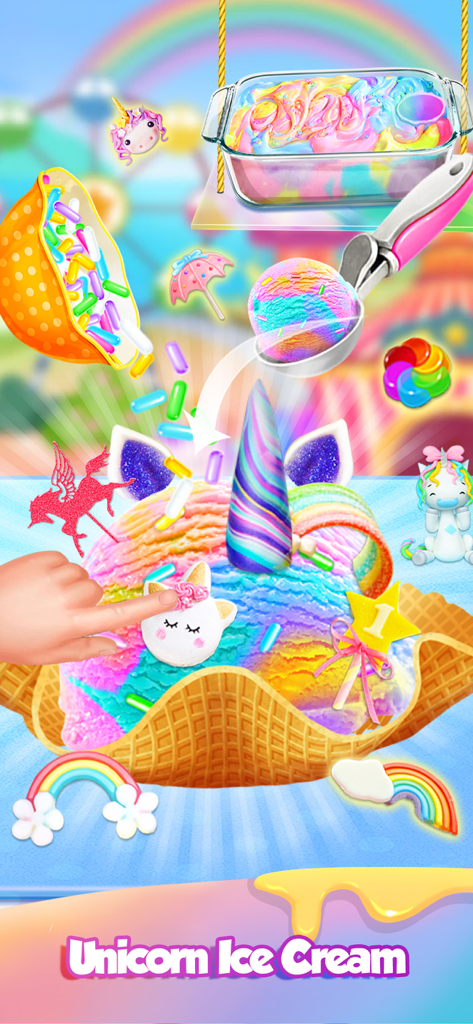 Carnival Unicorn Fair Food - A colorful rainbow unicorn ice cream sundae being decorated with sprinkles and toppings in a waffle bowl
