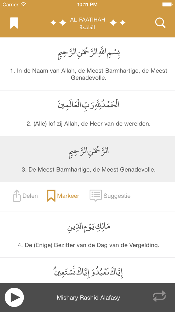 De Koran - De Koran app interface displaying Surah Al-Faatihah with Arabic verses and Dutch translation