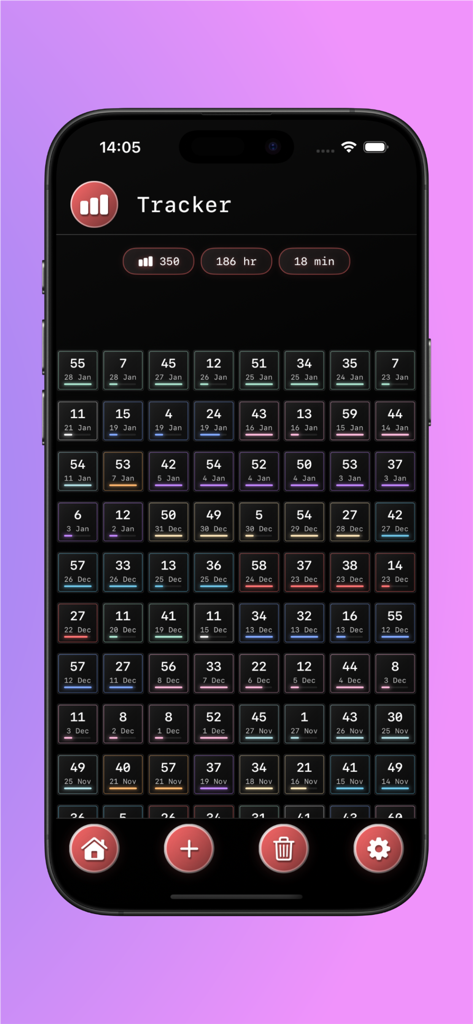 BreatheX – Breathing Exercises - A mobile app screen showing a daily habit tracker grid for breathing exercises with session statistics.