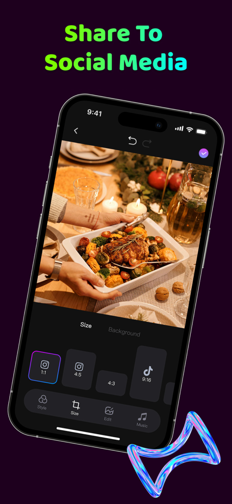 SlideShow: Video Photo Maker - Interfaz de la aplicación SlideShow que muestra las opciones de relación de aspecto para Instagram y TikTok mientras se edita una foto de una cena familiar.